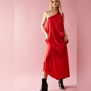 Free People Soa One Shoulder Red Satin Maxi Dress Small NWT